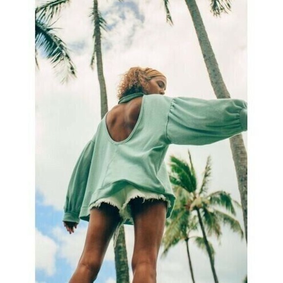 Free People Light Blue Winnie Turtle Neck Cutout Back Ribbed Tunic Top XS - Picture 1 of 7